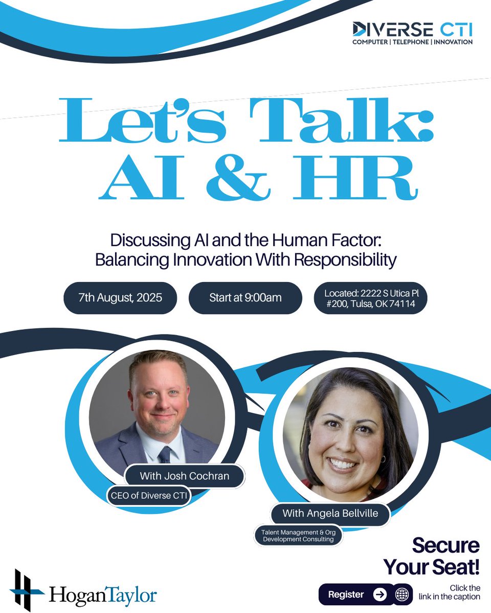 DiverseCTI's tweet photo. Let’s Talk: AI &amp; HR
Join us for a powerful conversation on how to balance innovation with responsibility in today’s fast-changing world of AI.

🗓️ August 7, 2025
⏰ 9:00 AM
📍 2222 S Utica Pl #200, Tulsa, OK 74114
📌Click the Link to register: https://t.co/1ObIDdHFyc https://t.co/1RMDkfbfEB