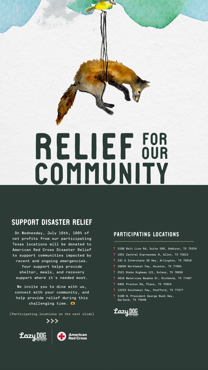 Trey Sissom (@coachsis) on Twitter photo Please join LazyDog and the American Red Cross in supporting the relief efforts for the communities affected by the recent tragedies in Central Texas.
Wed, July 16th- 4810 Waterview Meadow Dr, Richmond TX 77407
<a href="/TravisTiger_FB/">Travis Tiger Football</a> <a href="/THS_Tigers/">Travis High School</a> <a href="/BoosterTravis/">Travis Athletic Booster Club</a> <a href="/coachsis/">Trey Sissom</a> Please join LazyDog and the American Red Cross in supporting the relief efforts for the communities affected by the recent tragedies in Central Texas.
Wed, July 16th- 4810 Waterview Meadow Dr, Richmond TX 77407
<a href="/TravisTiger_FB/">Travis Tiger Football</a> <a href="/THS_Tigers/">Travis High School</a> <a href="/BoosterTravis/">Travis Athletic Booster Club</a> <a href="/coachsis/">Trey Sissom</a>
