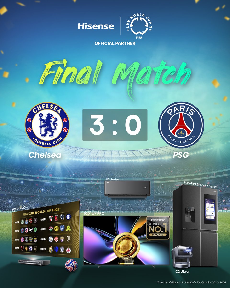 Huge congratulations to Chelsea FC on winning the @fifaclubworldcup 🥳⚽️!
Proud to have witnessed every unforgettable moment.

#Hisense #OwnTheMoment