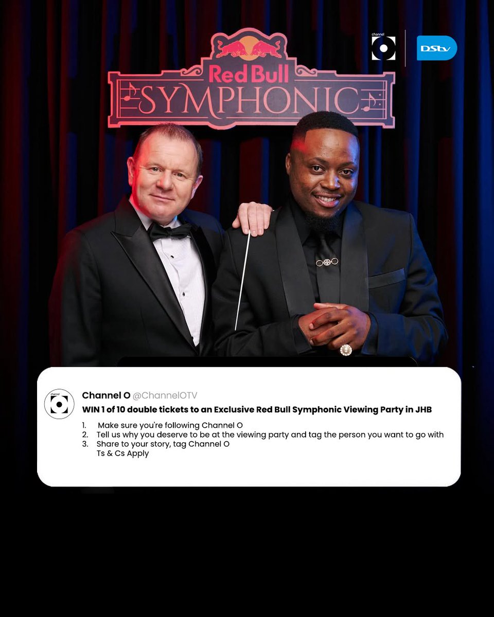 ChannelOTV's tweet image. WIN 1 of 10 double tickets to the Red Bull Symphonic Viewing Party in JHB! 🥳
🎶 Follow us
💬 Tell us why YOU should be there & tag your concert buddy.
📲 Share to your story & tag us
T&Cs apply