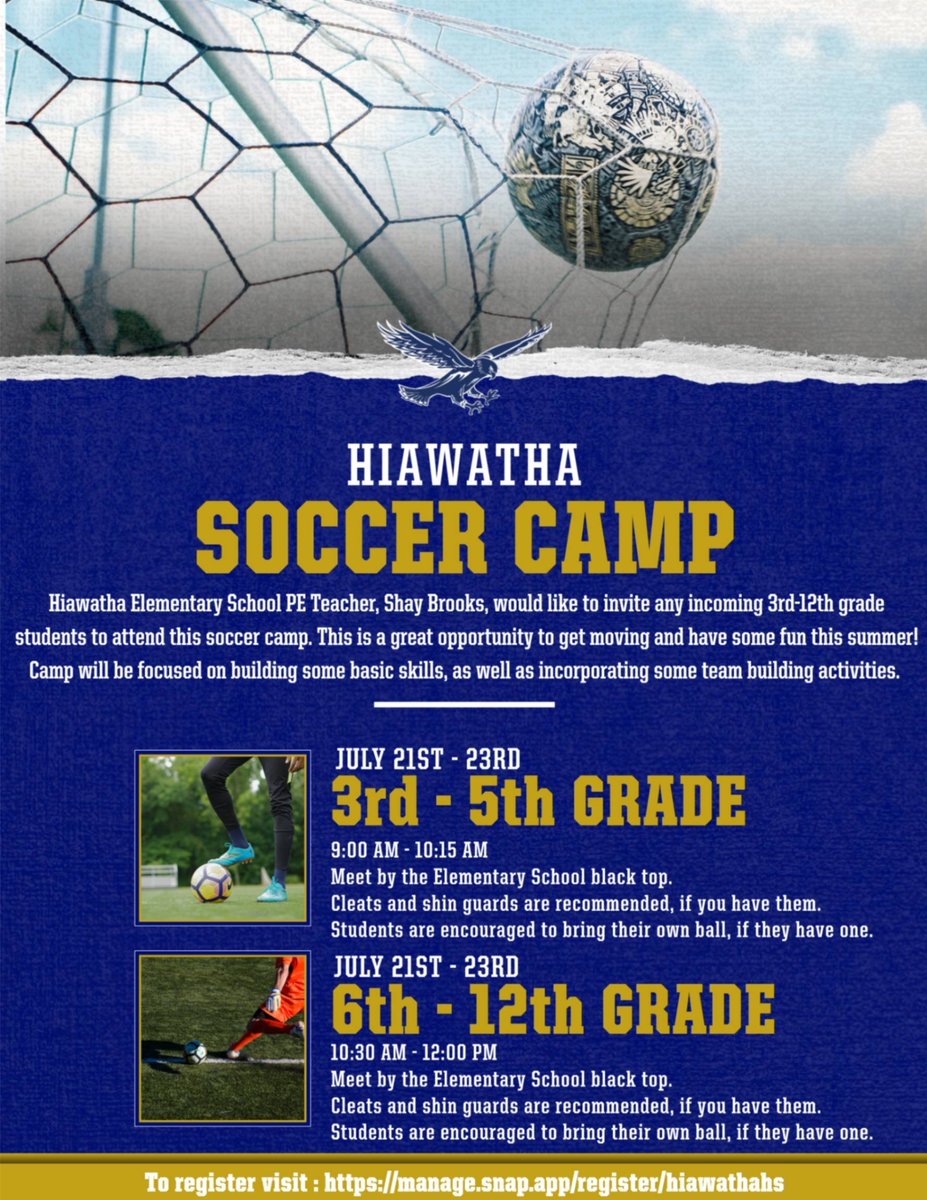 Hiawatha Soccer Camp is just around the corner! Don't miss your opportunity to join in on the fun. ⚽ If you would like to register your student, visit the website below:

manage.snap.app/register/hiawa…