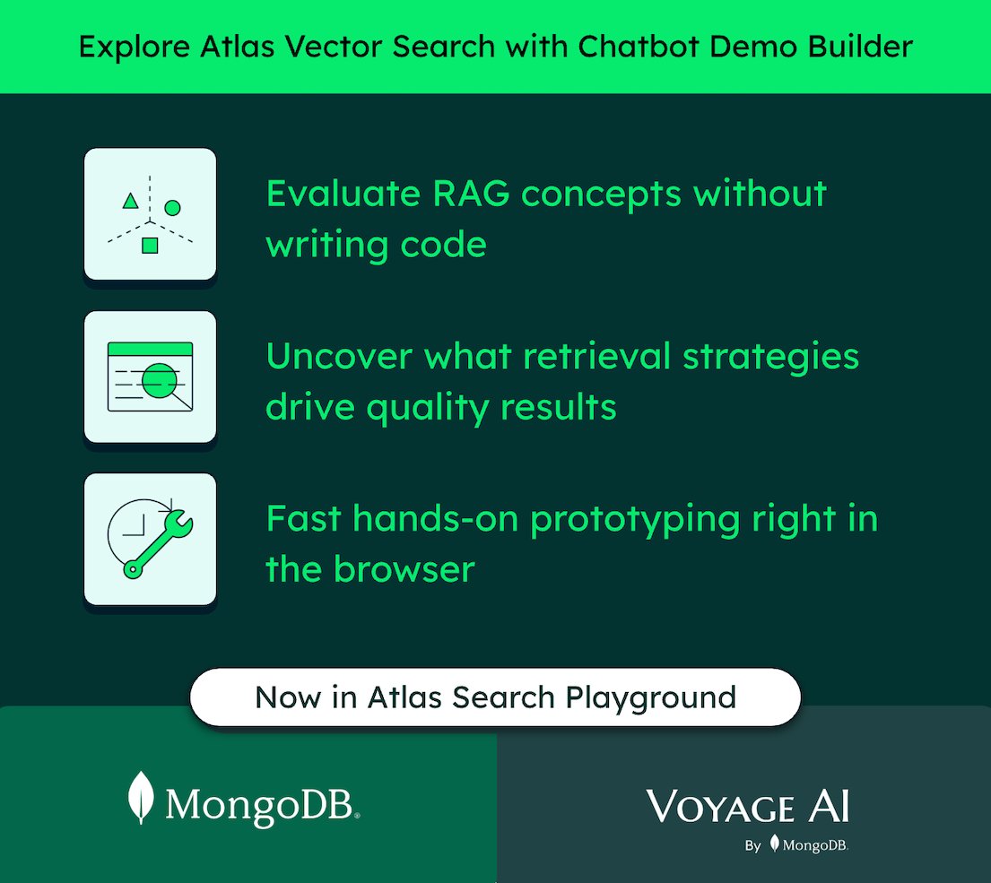 VoyageAI's tweet image. 🆕 Now in @MongoDB Atlas Search Playground: Chatbot Demo Builder
Explore Atlas Vector Search by building your own Q&A chatbot—no coding required.
Use uploaded or sample datasets, and let the Builder handle index definitions, queries, and embeddings (powered by Voyage AI).…