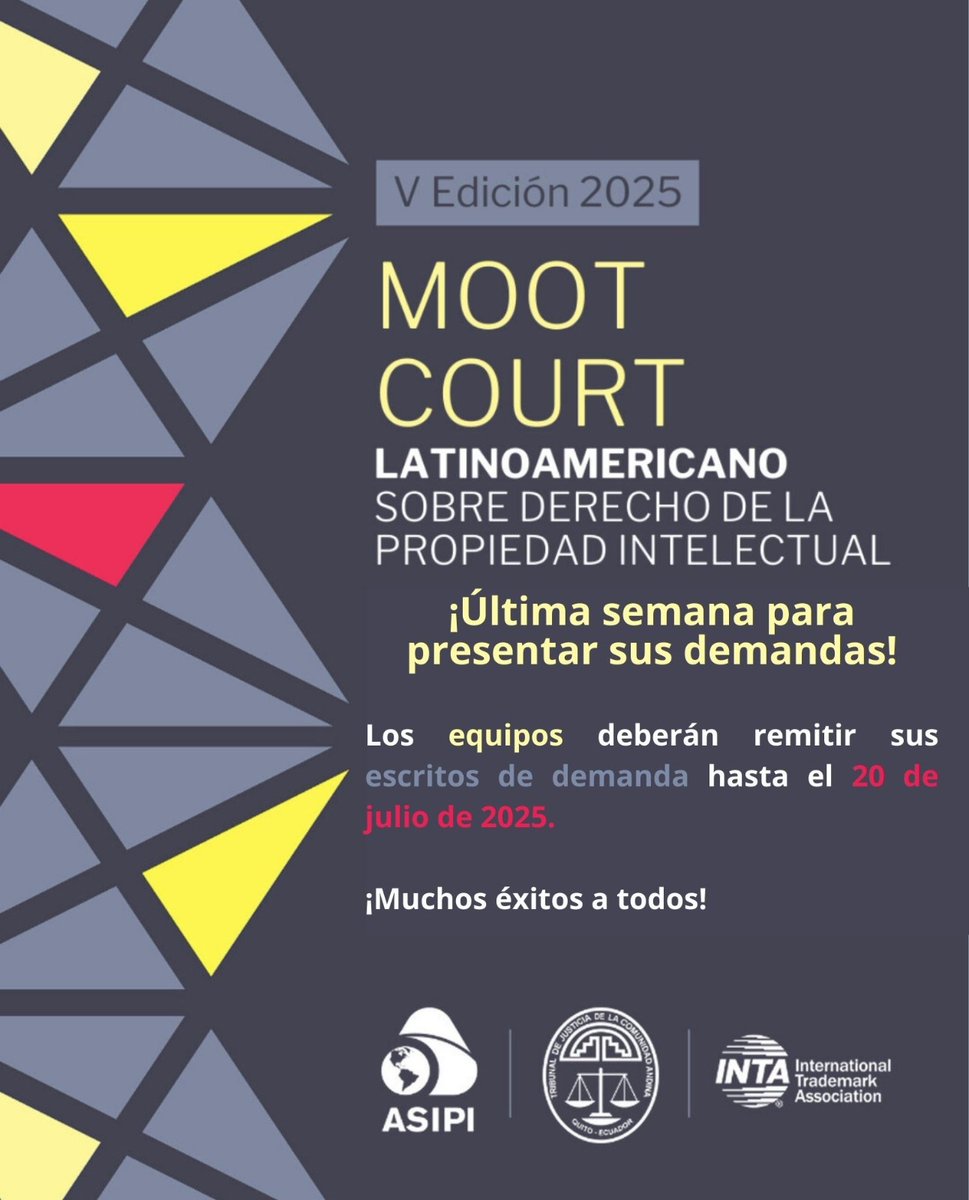 ¡Atención equipos del Moot Court!

El 20 de julio de 2025 culmina el plazo para presentar las demandas del Moot Court, al formulario habilitado en el sitio web: 
tribunalandino.org.ec/index.php/moot…

¡Muchos éxitos!
