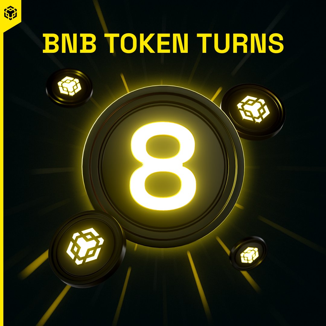BNBCHAIN's tweet image. The token, $BNB, turns 8 years old today! 🥳 

Thanks to all the builders that have joined us on this journey 🫡