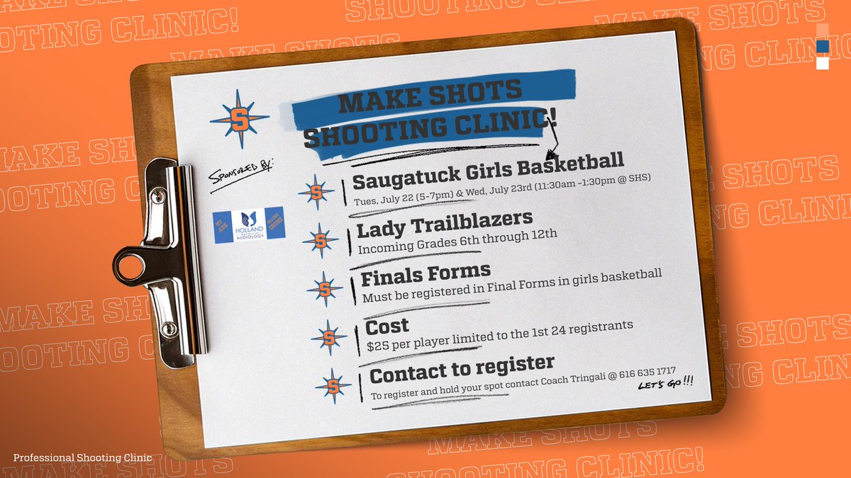 Exciting news for all aspiring Lady Trailblazer Basketball players! Our MAKE SHOTS - SHOOTING CLINIC is coming up. Don't miss the chance to enhance your skills at this professional clinic brought to you by Saugatuck Girl's Basketball!