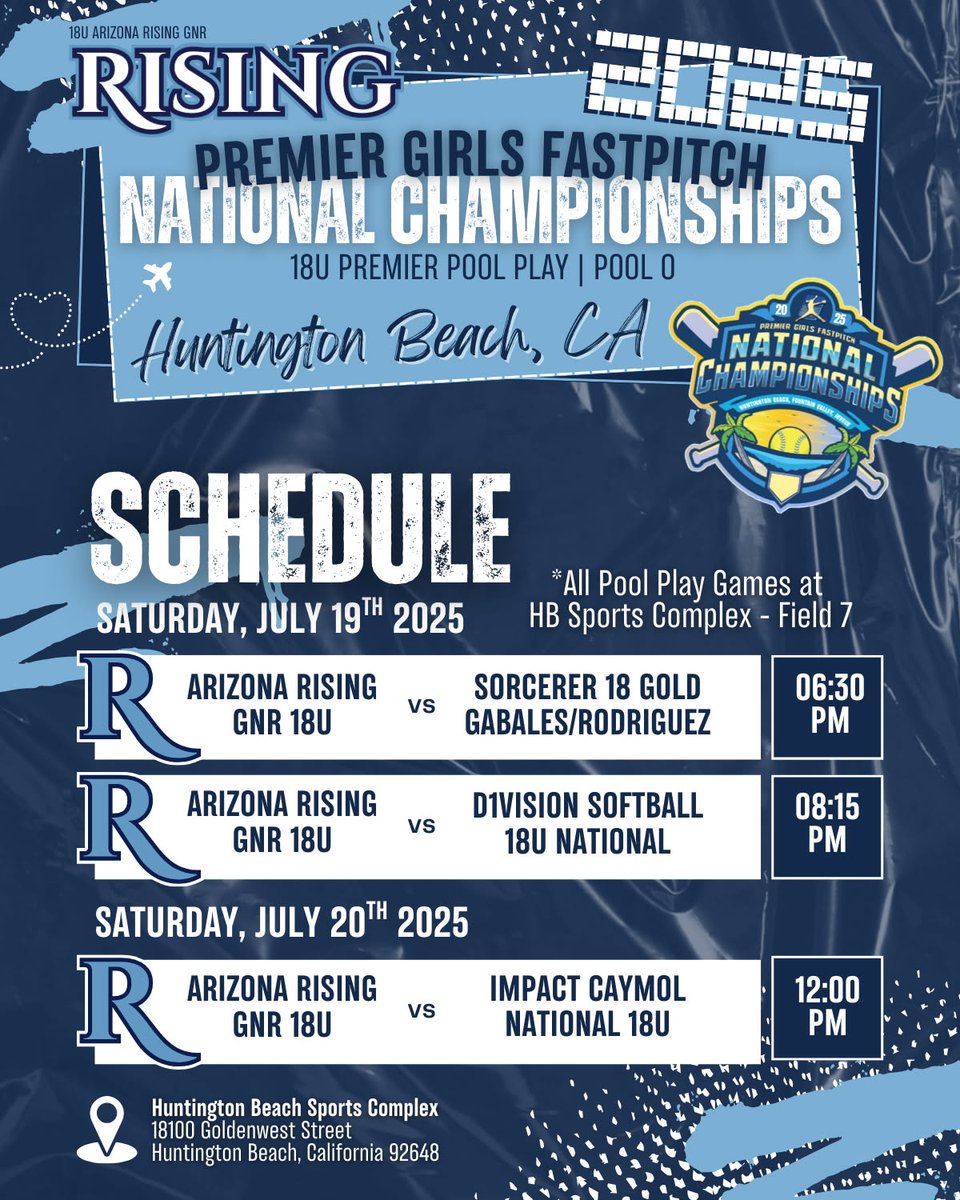 az_rising_gnr's tweet image. 🔥🏄♀️ @PGFnetwork Premier National Championship Pool Play Schedule. All Pool Games at HB Sports Complex, field 7. LetsGo! 🏄♀️🔥