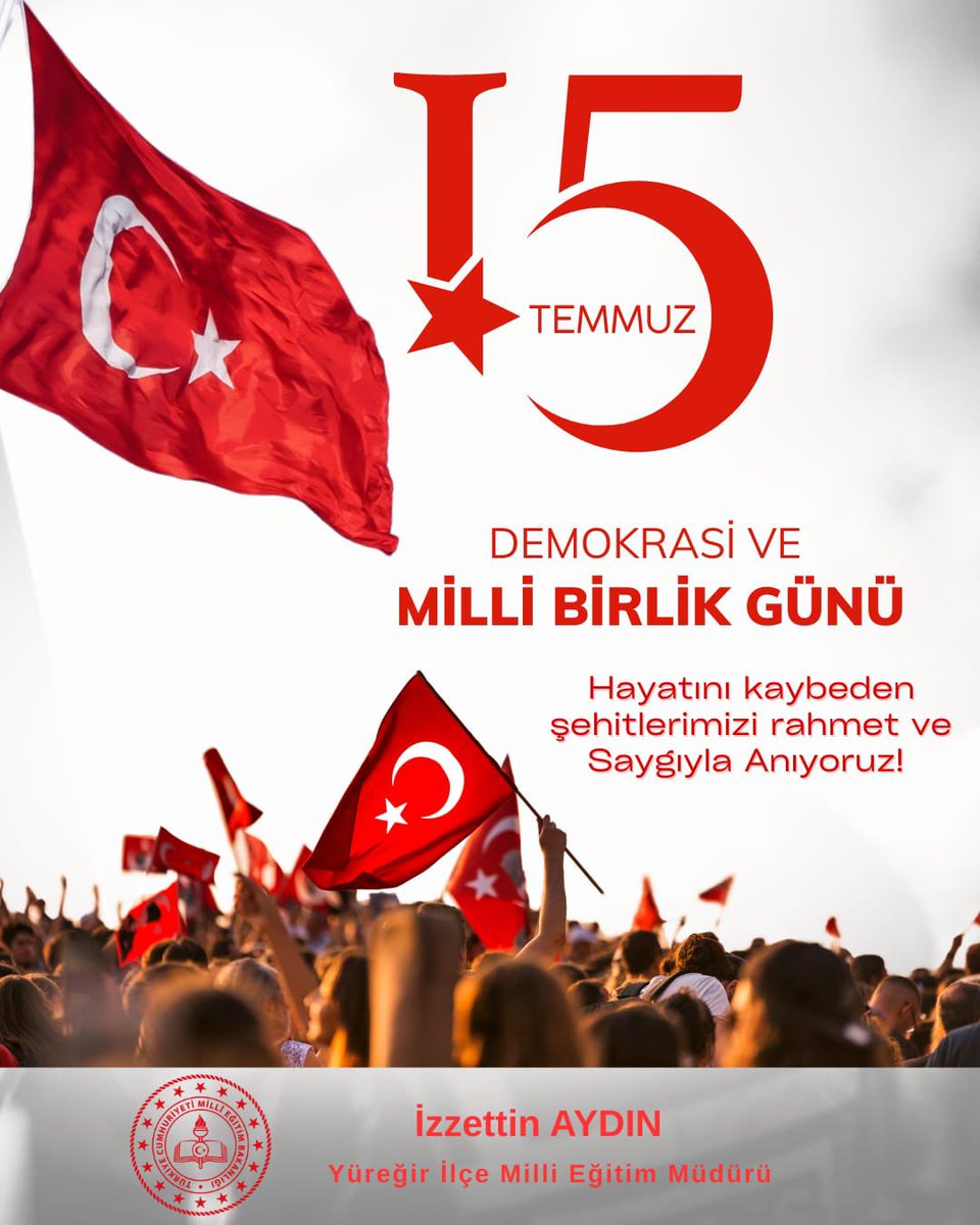 Aziz milletimizin demokrasiye ve millî iradeye sahip çıktığı 15 Temmuz’un yıldönümünde; vatan uğruna canlarını feda eden şehitlerimizi rahmetle, kahraman gazilerimizi minnetle anıyoruz
#DemokrasiVeMilliBirlikGünü
#ZaferinAdıTürkiye

<a href="/tcmeb/">Millî Eğitim Bakanlığı</a> <a href="/mehmet1aksu/">Mehmet Aksu</a> <a href="/tufekciyusuf/">Yusuf TÜFEKÇİ</a> <a href="/izzetaydin01/">İzzettin AYDIN</a>