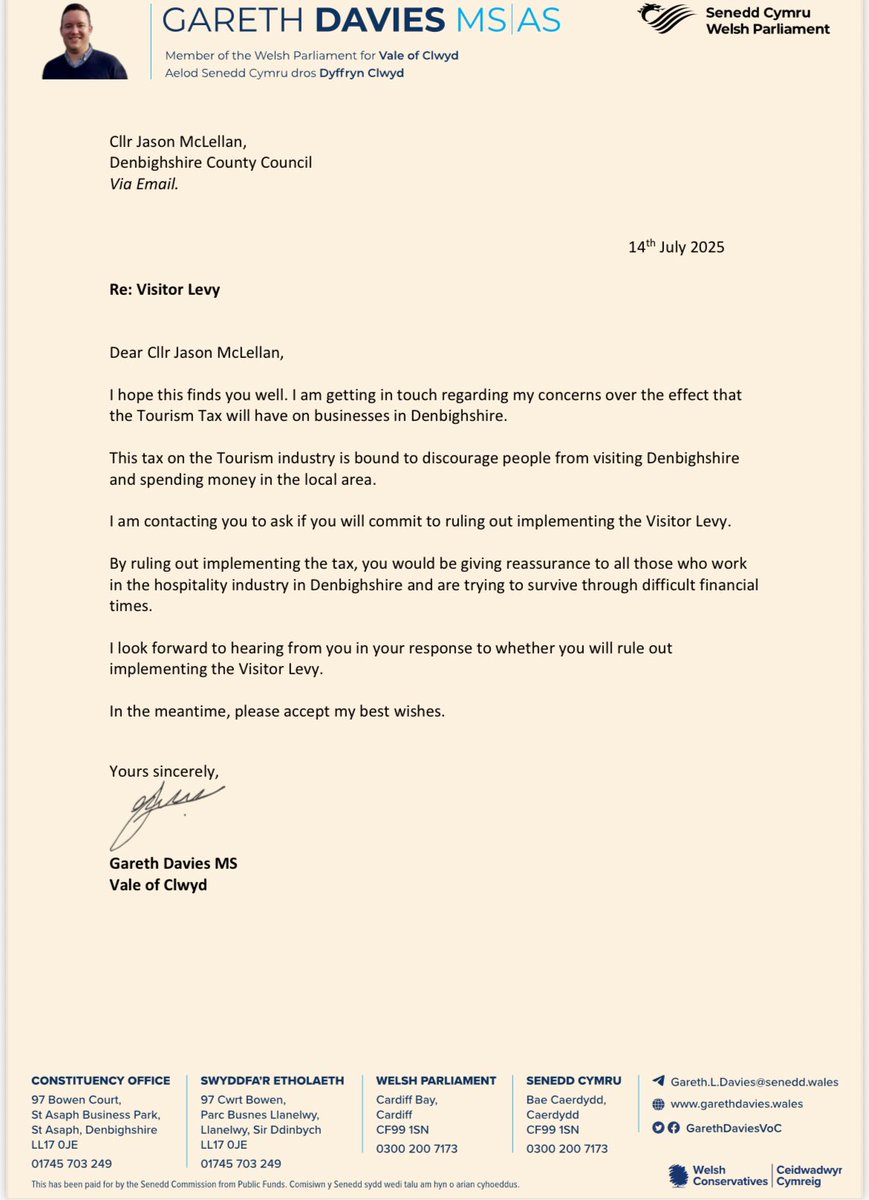 Gareth Davies MS/AS (@garethdaviesvoc) on Twitter photo ✍️My letter to the Labour Leader of <a href="/DenbighshireCC/">DenbighshireCC</a> urging him to rule out imposing a Tourism Tax in the local area.
🏖️We need to be growing the local economy and increasing footfall in our coastal communities, not putting people off visiting and investing in Rhyl & Prestatyn.👇 ✍️My letter to the Labour Leader of <a href="/DenbighshireCC/">DenbighshireCC</a> urging him to rule out imposing a Tourism Tax in the local area.
🏖️We need to be growing the local economy and increasing footfall in our coastal communities, not putting people off visiting and investing in Rhyl & Prestatyn.👇