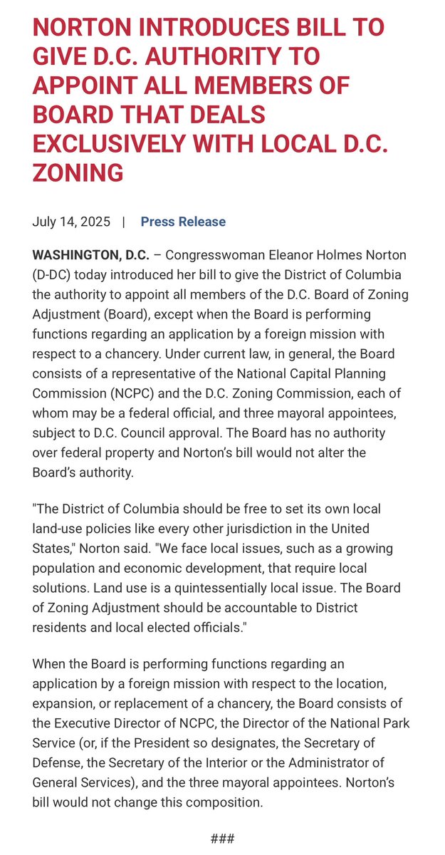 Like every other jurisdiction in the US, DC should be free to set its own local land-use policies.
 
I introduced my bill to allow DC to appoint all members of the DC Board of Zoning Adjustment.
 
More: bit.ly/4lTOfIW