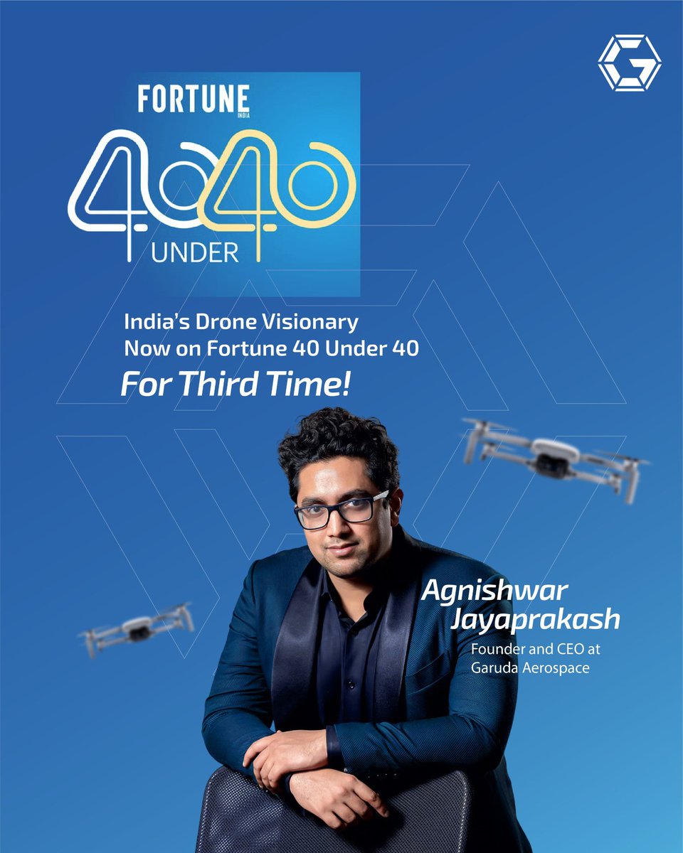 3 Times the Vision. 3 Times the Recognition.
👏 Agnishwar Jayaprakash – Founder &amp; CEO of Garuda Aerospace – makes it to Fortune India’s 40 Under 40 list for the third time!
From leading India’s drone revolution to putting innovation in the skies, this is what true leadership