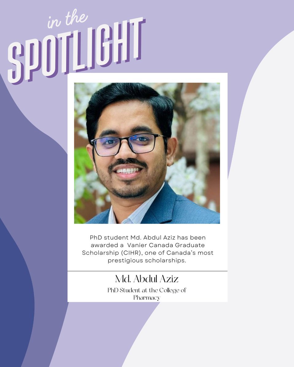 UofM_Pharmacy's tweet photo. Congratulations Md. Abdul Aziz on being awarded one of Canada’s most prestigious scholarships, a Vanier Canada Graduate Scholarship (CIHR.) 🎉

#UniversityofManitoba #UofM #CollegeofPharmacy https://t.co/Bc4bQJUMwb