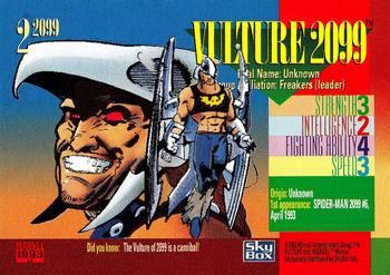 AustinGorton's tweet image. Card 2-2099: Vulture 2099

Like the main cards, this insert set combines to make one larger image, though the red foil effect limits the detail of the background.

Vulture 2099 is a cannibal? That's a solid DYK fact.  

Scans via @tradingcarddb
#TradingCardADay #MU4 #Marvel2099