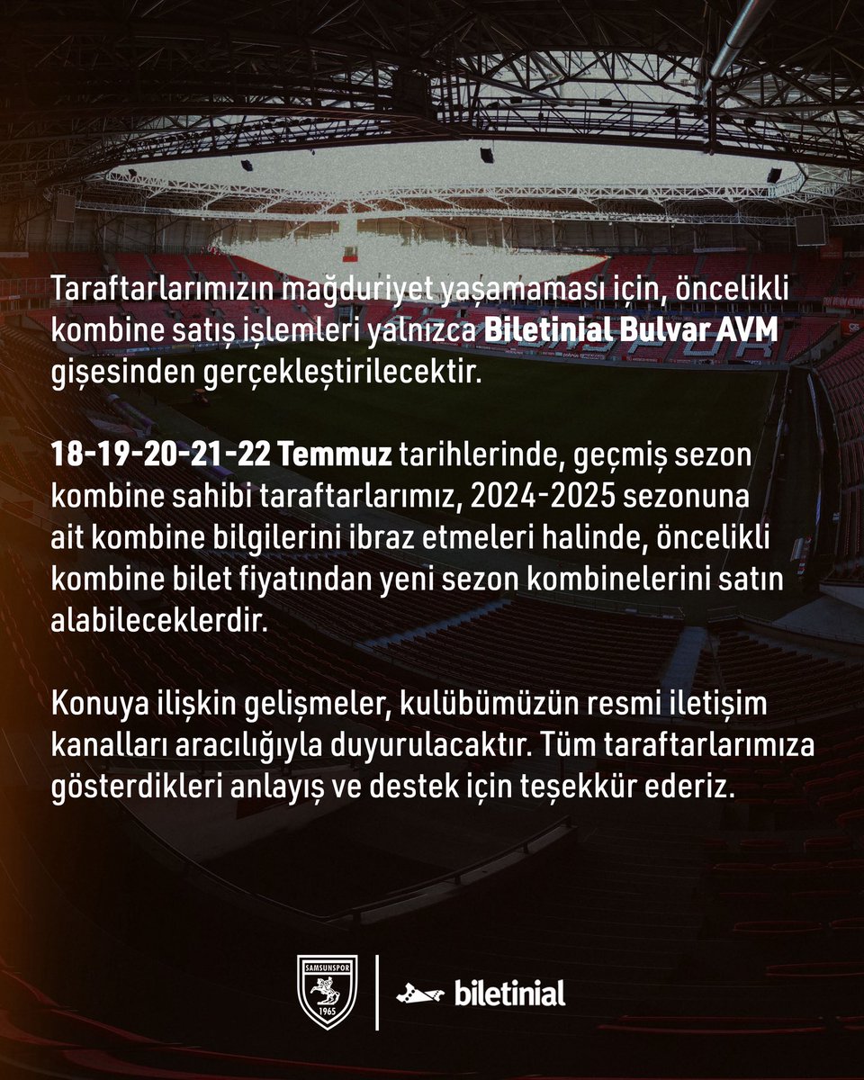 📢 Kombine Satışları Hakkında Önemli Bilgilendirme

2025-2026 sezonu kombineleri için biletleme firmamız Biletinial olmuştur.

Önceki bilet firması, KVKK gerekçesiyle taraftar verilerini paylaşmadığı için geçmiş sezon kombine sahiplerine çevrim içi öncelik tanınamamaktadır.

Bu
