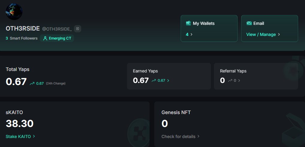 OTH3RSIDE (@oth3rside_) on Twitter photo Just checked Kaito dashboard aaaand
I JUST GOT OUT OF YAP JAIL!!!!
Thanks to interactions with <a href="/0xFastLife/">𝗙𝗮𝘀𝘁𝗟𝗶𝗳𝗲</a> and <a href="/OxTochi/">OxTøchi 🦇🔈</a>
To be honest I was almost giving up on it but finally made it, thanks guys once again!
Fresh motivation for me! LFG!
Now i need to get to that <a href="/union_build/">Union</a> Just checked Kaito dashboard aaaand
I JUST GOT OUT OF YAP JAIL!!!!
Thanks to interactions with <a href="/0xFastLife/">𝗙𝗮𝘀𝘁𝗟𝗶𝗳𝗲</a> and <a href="/OxTochi/">OxTøchi 🦇🔈</a>
To be honest I was almost giving up on it but finally made it, thanks guys once again!
Fresh motivation for me! LFG!
Now i need to get to that <a href="/union_build/">Union</a>