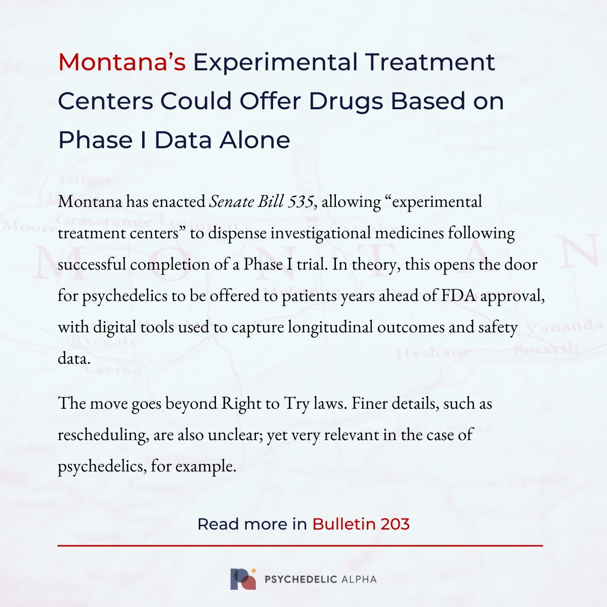 Psyched_Alpha's tweet image. Montana’s Experimental Treatment Centers Could Offer Drugs Based on Phase I Data Alone
Read more in Bulletin 203: psychedelicalpha.com/news/p%CE%B1-p…