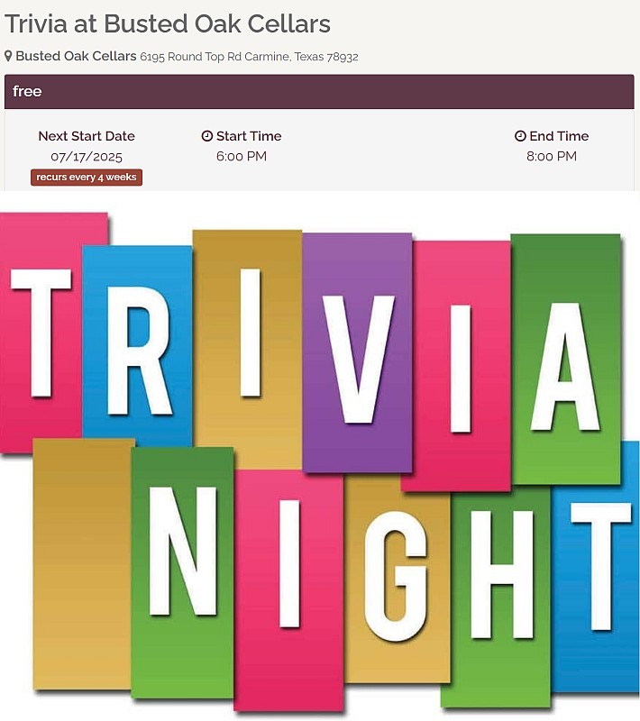 Grab your crew and get ready for a fun night of Trivia &amp; Wine! Busted Oak Cellars on Thursday, July 17.
Find events like these on the Texas Wine Lover website Guide &amp; mobile app!
guide.txwinelover.com/events
go.txwine.us/u/download-app
#txwine