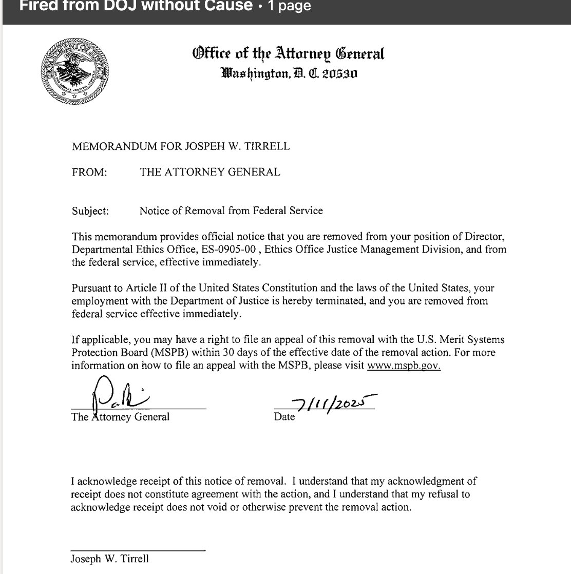 TirahAtt's tweet image. Pam Bondi just fired the DOJ's top ethics advisor with no reason given- I wonder why?🤨
Read his linkedin post about his service.