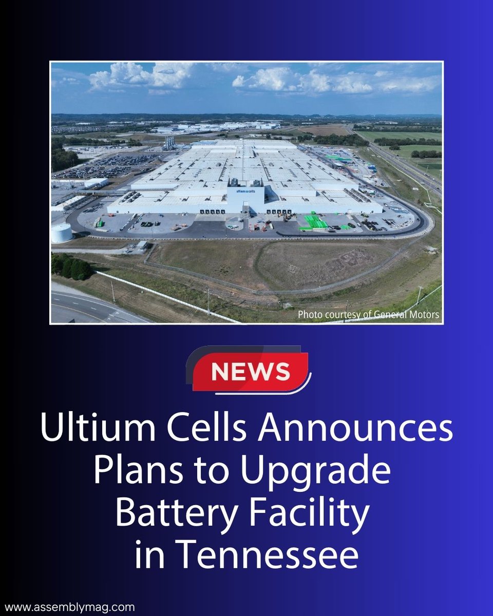 Ultium Cells, the joint venture between General Motors and LG Energy Solution, announced plans to upgrade its battery cell manufacturing facility in Spring Hill, Tennessee. Read the news 👉 assemblymag.com/articles/99387…

#batterymanufacturing #batterycell #GeneralMotors #Tennessee