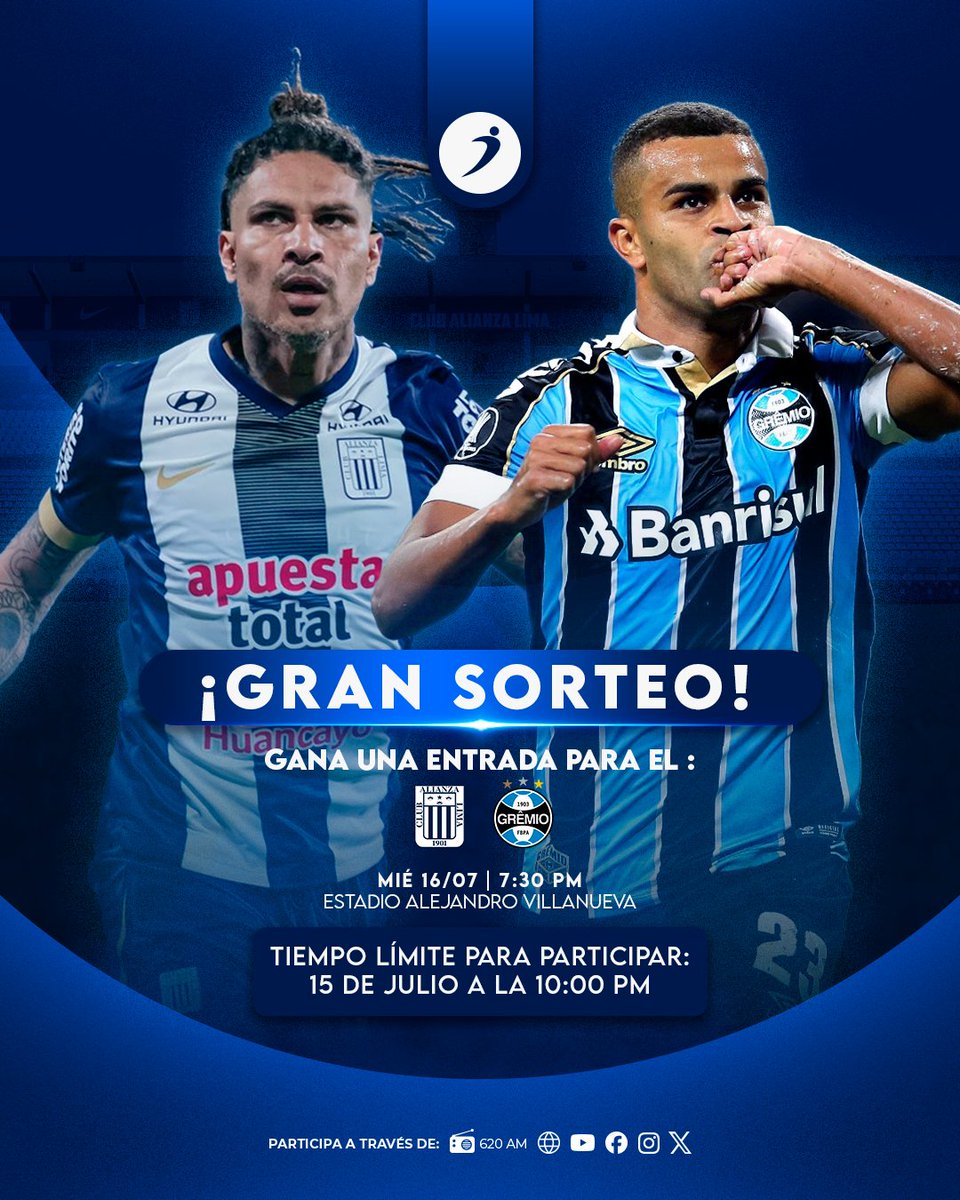 ovacionweb's tweet photo. ¡TE LLEVAMOS A LA CANCHA! 📣⚽
#Ovación te lleva #GRATIS al choque entre Alianza Lima vs Gremio por la Copa Sudamericana. Concursa por una de las entradas 🎟 siguiendo estos pasos:
1️⃣ Sigue: @ovacionweb
2️⃣ Like a la publicación y etiqueta a tres amigos.
3️⃣ Comparte el sorteo en tu muro.
🔴 Participa hasta: 15/07 a las 10 pm.

COMPRA TUS ENTRADAS 👉🏻 https://t.co/q0OYAD6mcu