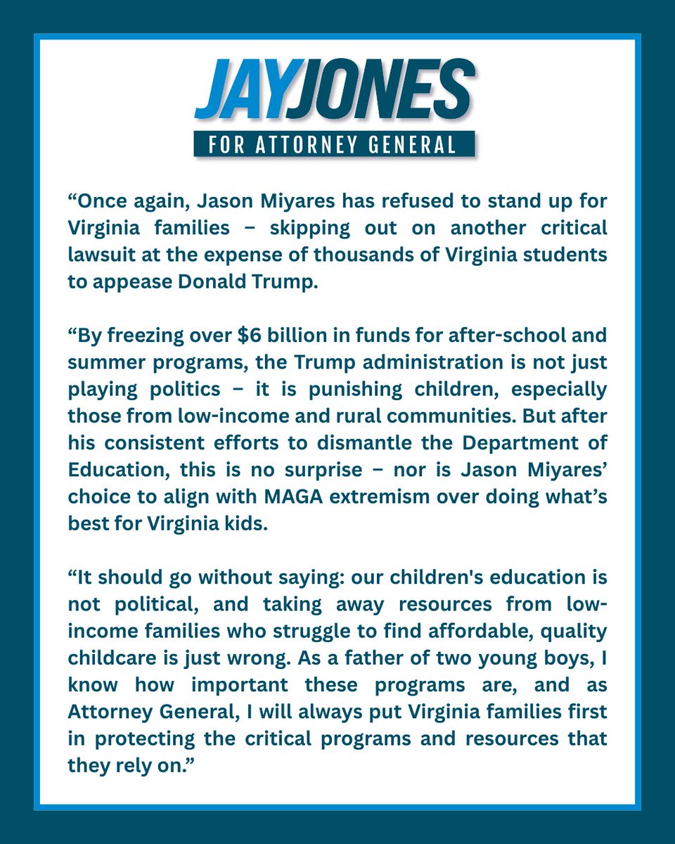 jonesjay's tweet image. Another day, another lawsuit @JasonMiyaresVA skipped out on at the expense of Virginia families and students.
Read my full statement: