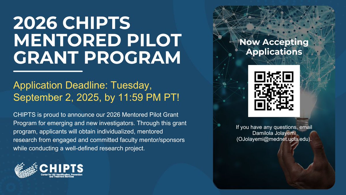 CHIPTS's tweet image. Now accepting applications for the 2026 Mentored Pilot Grant Program for emerging investigators. This grant will support applicants in obtaining individualized, mentored research from a committed faculty mentor. Deadline is September 2, 2025! Learn more: chipts.ucla.edu/pilot-mentored…