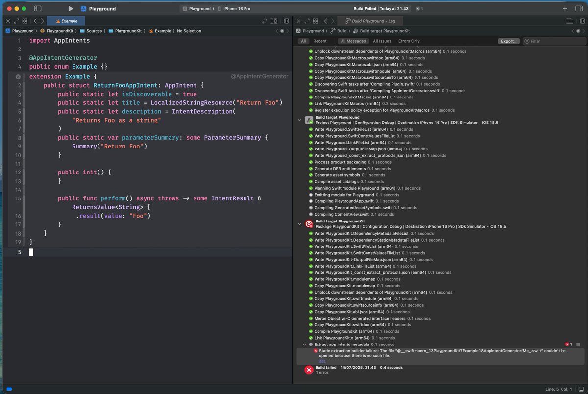 simonbs's tweet image. Noooo! Tried using a Swift macro to generate an App Intent and Xcode fails to compile because it can&apos;t find its own generated file (I think?). Tested in Xcode 26b3 and 16.4. I really needed this to work for my new project 😢 (FB18843876)

Example project: github.com/simonbs/AppleF…