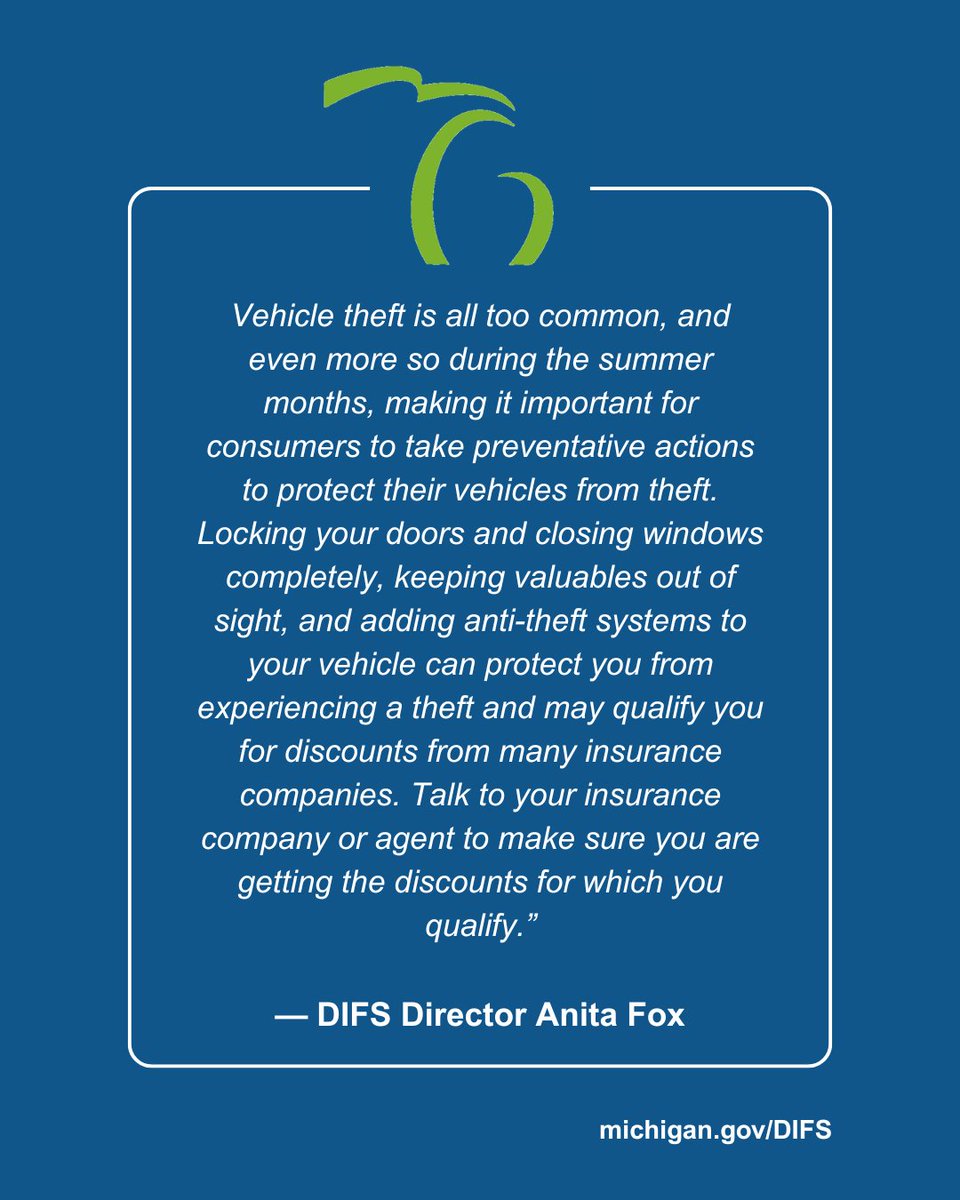 MIDIFS's tweet image. 🚨 Every 32 seconds, a vehicle is stolen in the U.S. This #VehicleTheftPreventionMonth, @MIDIFS & @michstatepolice want to help you protect your ride. Lock it. Park smart. Know your insurance. For details and tips, visit michigan.gov/DIFS. #DIFS #MSP #AutoTheft