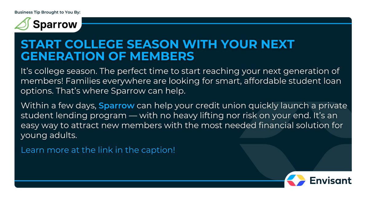 Envisant (@envisant) on Twitter photo College season is here โ time to connect with future members! ๐ Our partner <a href="/sparrow_app_/">Sparrow</a> makes it easy to launch a private student lending program in just days. ๐ A smart solution for young adults, powered by your #CU. Learn more & #AchieveYourVision: ow.ly/rk0o50Wpso4. College season is here โ time to connect with future members! ๐ Our partner <a href="/sparrow_app_/">Sparrow</a> makes it easy to launch a private student lending program in just days. ๐ A smart solution for young adults, powered by your #CU. Learn more & #AchieveYourVision: ow.ly/rk0o50Wpso4.