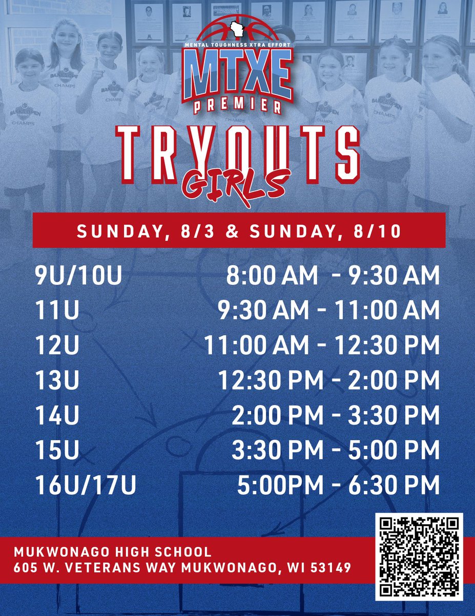 2026 MTXE Premier AAU TRYOUTS are around the corner! 🏀
📍 Mukwonago HS
Boys: Aug 2 &amp; 9
Girls: Aug 3 &amp; 10

Full details 👇
🔗 MTXEPremier.com