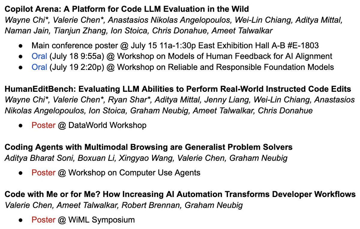 Heading to Vancouver for ICML✈️🇨🇦Let’s chat about coding agents, evals, and human-AI collab.

I’ll also be on the job market this upcoming cycle, looking for TT faculty roles + post-docs.

Here's where you'll be able to find me this week👇