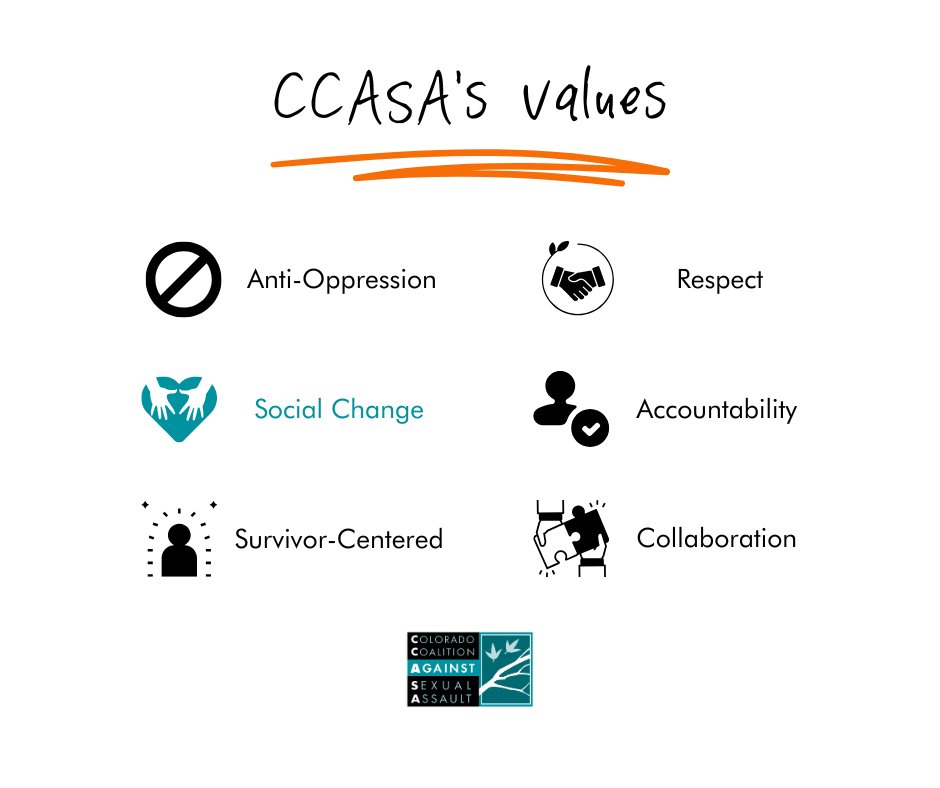 At CCASA, we're dedicated to our values. Here's what Social Change means to us:  
✨ Addressing Root Causes
✨ Cultivating Consent &amp; Safety
✨ Amplifying Voices