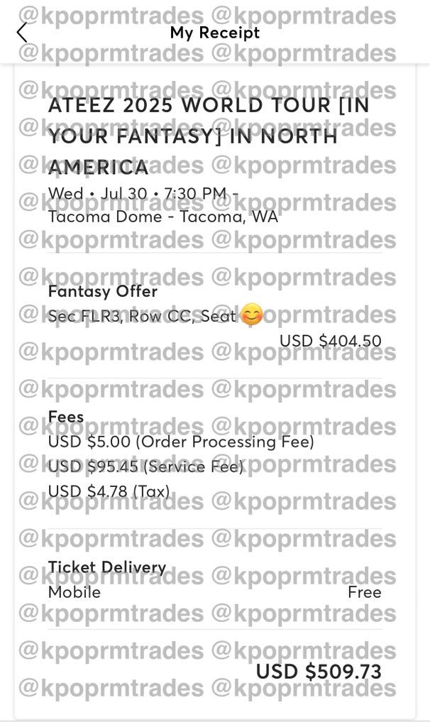 KpopRosemary's tweet photo. WTS - 1 Ateez Fantasy ticket for Tacoma July 30th

Section: FLR3, Row: CC, Seat: 10

Asking for $500 (fv +fees) 

Please message me either on here or on ig (preferably as I can send longer videos on there) @ kpoprmtrades if interested 💜 

#ateezwts #ateeztacoma #sellingateez https://t.co/SPOCsQ6Vb9