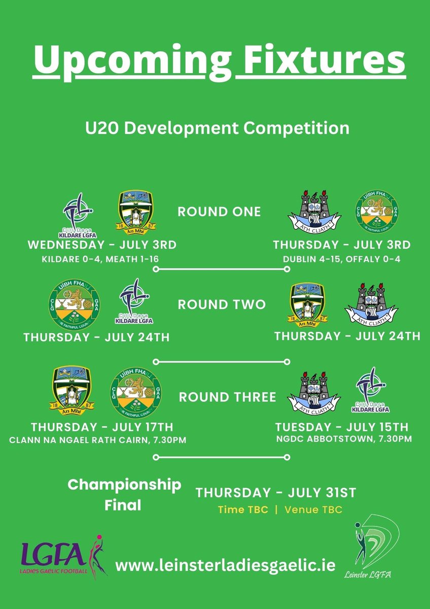 LeinsterLGFA's tweet photo. *TEAM NEWS*
Our U20 Development Competition continues tomorrow as @dublinladiesg face @KildareLGFA1 in the NGDC Abbotstown from 7.30pm.
Tickets on sale here: https://t.co/mjSHc3RQw5
#Leinster20s #RoundThree https://t.co/RRHsNntm4W