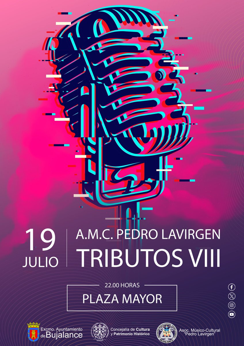 🎤 CONCIERTO PLAZA MAYOR: TRIBUTOS VIII🎶

Este 19 de julio, una nueva edición de TRIBUTOS VIII, un espectáculo musical lleno de emoción, recuerdos y buena música.

📍 Plaza Mayor - #Bujalance
🕙 22:00 horas.

🎺 ¡No faltes a esta gran noche bajo las estrellas!
