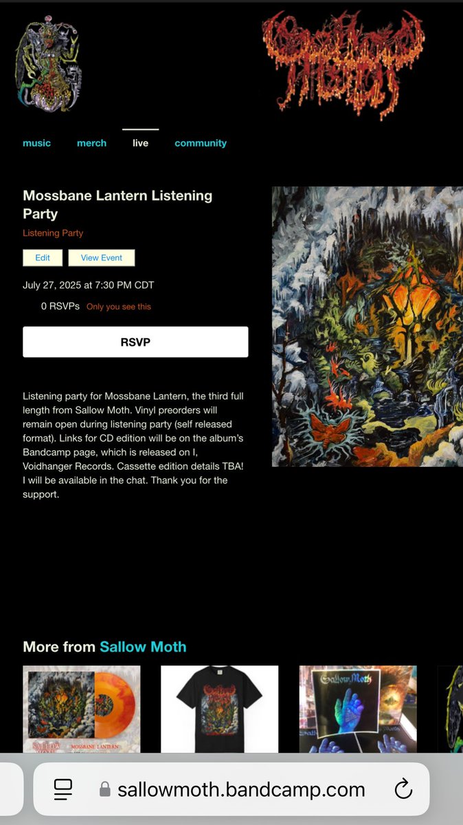 RSVP to listening party for the new Sallow Moth here. I’ll be in the chat. 7:30 PM central on July 27. Album out August 1 

sallowmoth.bandcamp.com/merch/mossbane…