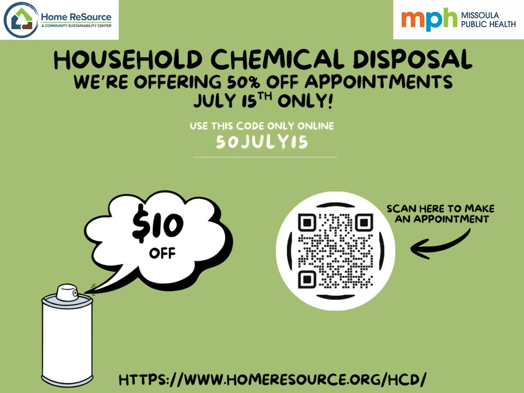Appointments at the Household Chemical Disposal drop off are 50% off on Tuesday July 15!!

Use code 50July15 online (homeresource.org/hcd/) for $10 off between 10 a.m. - 1 p.m.

Help us keep hazardous materials out of our groundwater &amp; landfills.

#SafeDisposal #HazardousWaste