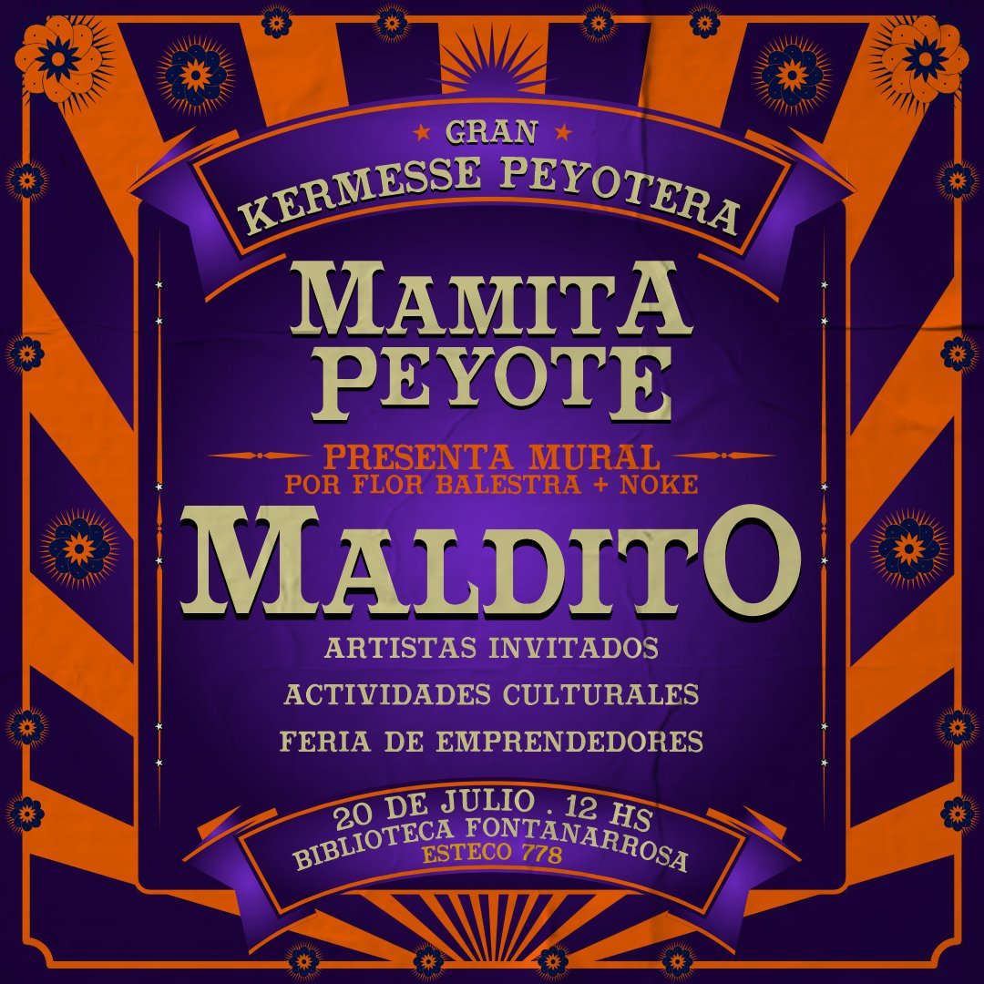 Este Domingo 20/7 celebramos el día del amigo con una #kermessepeyotera muy muy especial en @biblio_fontanarrosa 
😍
Inauguramos el mural de nuestra nueva canción MALDITO a cargo de dos grandes @elnoke2006 @flor_balestra 
💥
Los esperamos en Esteco 778 (Sorrento al 1200