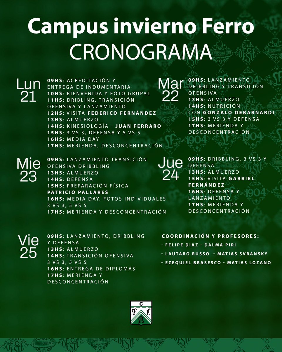 🫵🏼 A TENER EN CUENTA

🗓️ Este será el cronograma del campus de invierno en el Club Ferro Carril Oeste

😁 Dale que quedan los últimos cupos ¡Los esperamos a todos y todas!