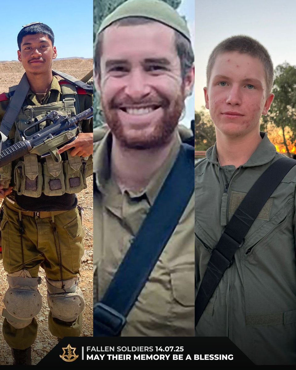 LTC_Shoshani's tweet image. 🕯️ Staff Sergeant Shoham Menahem, 21
🕯️ Sergeant Shlomo Yakir Shrem, 20
🕯️ Sergeant Yuliy Faktor, 19
The three were soldiers in the 52 Armored Corps Battalion, 401 Brigade and fell during combat in northern Gaza.
I send my deepest condolences to their families and loved ones.…