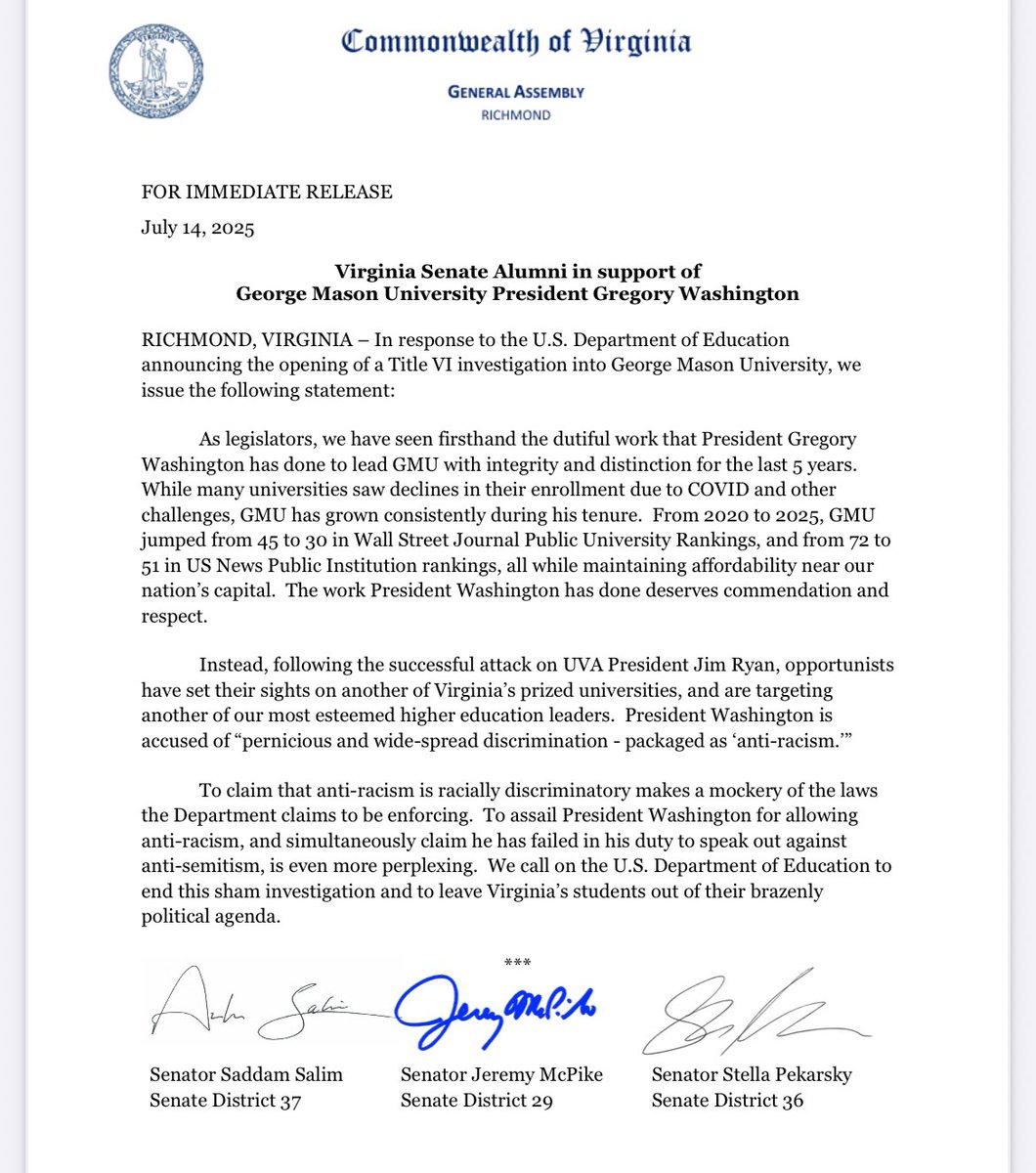 Brandon Jarvis (@jaaavis) on Twitter photo Multiple senators just released a statement in support of GMU’s president.
“opportunists have set their sights on another of Virginia’s prized universities, and are targeting another of our most esteemed higher education leaders.”
<a href="/sgpekarsky/">Stella Pekarsky</a> <a href="/SalimVASenate/">Senator Saddam Azlan Salim</a> <a href="/JeremyMcPike/">Sen. Jeremy McPike</a> Multiple senators just released a statement in support of GMU’s president.
“opportunists have set their sights on another of Virginia’s prized universities, and are targeting another of our most esteemed higher education leaders.”
<a href="/sgpekarsky/">Stella Pekarsky</a> <a href="/SalimVASenate/">Senator Saddam Azlan Salim</a> <a href="/JeremyMcPike/">Sen. Jeremy McPike</a>