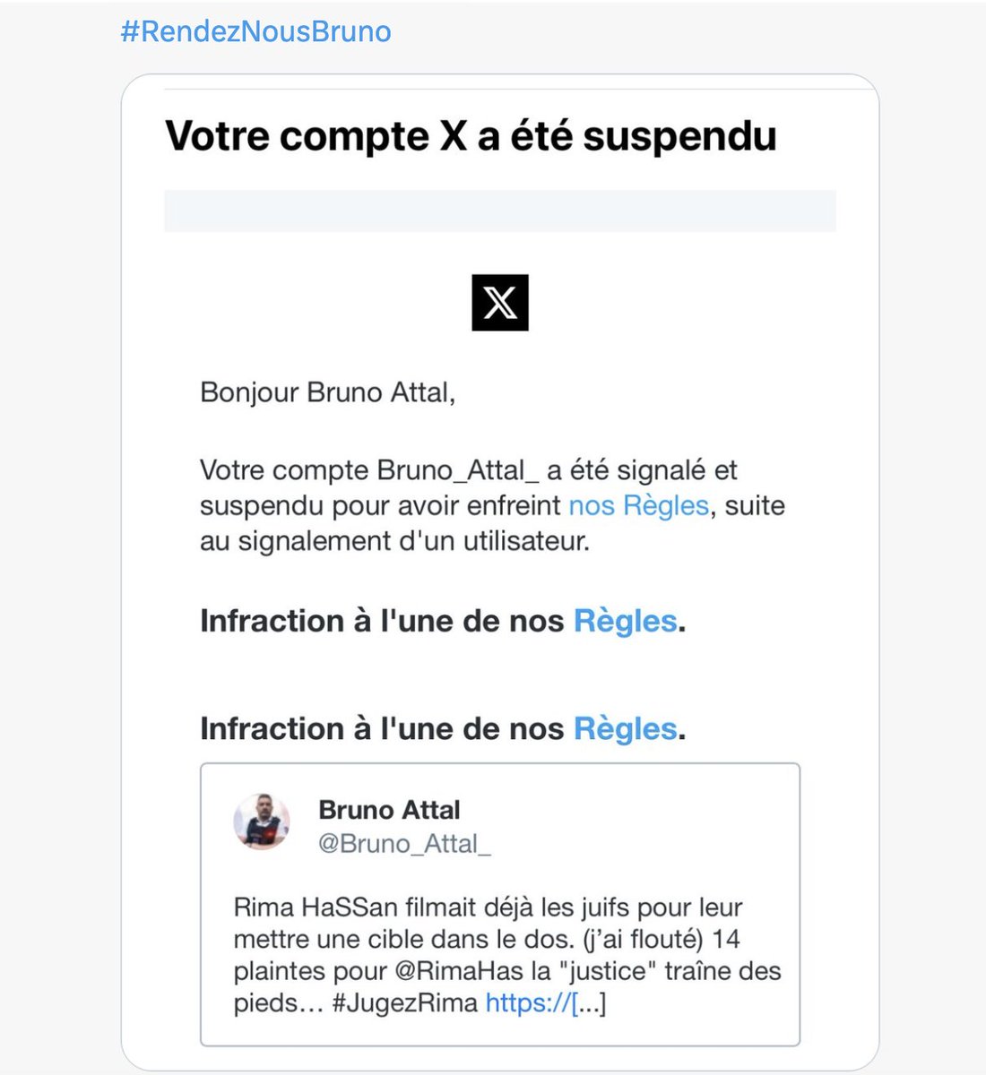 La censure est en marche en France !

Le compte de Bruno Attal a sauté... <a href="/Bruno_Attal_/">Bruno Attal</a> 

Merci de faire circuler...