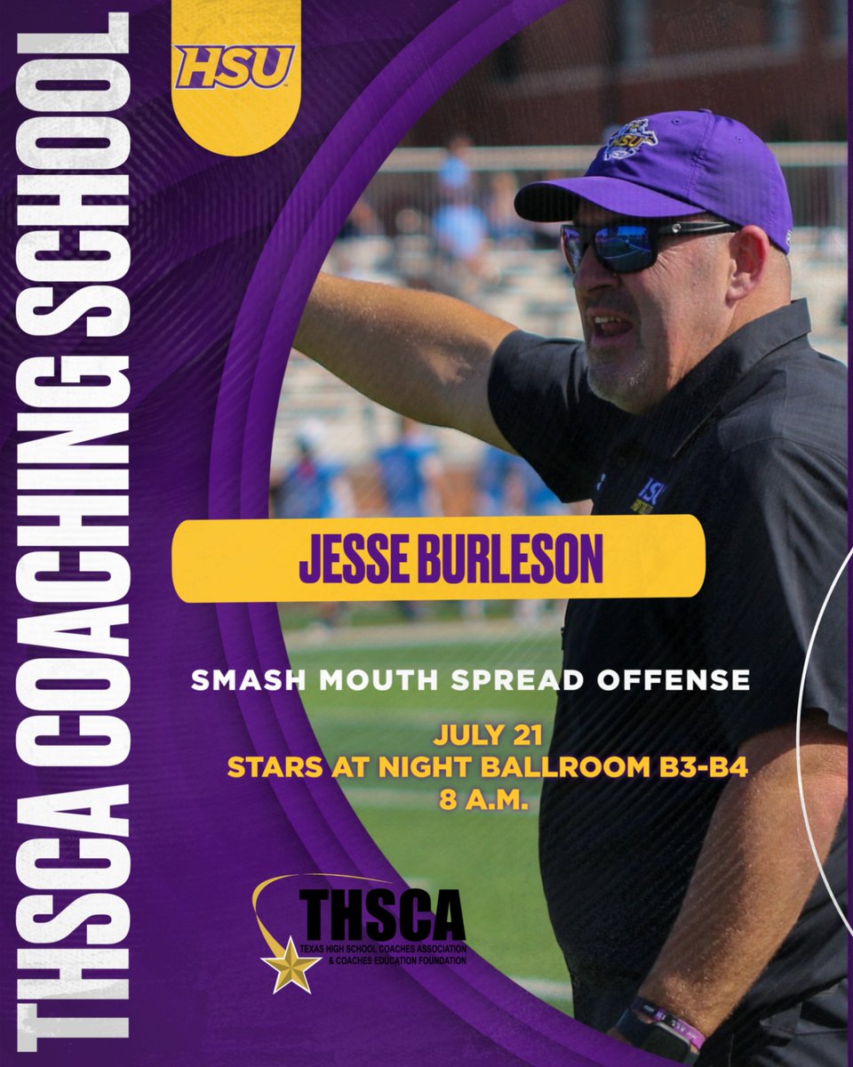 Head coach Jesse Burleson will be a speaker at the Texas High School Coaches Association Convention and Coaches School on July 21 at 8 a.m. in the Stars at Night Ballroom (B3-B4). He will be speaking about the Smash Mouth Spread Offense.