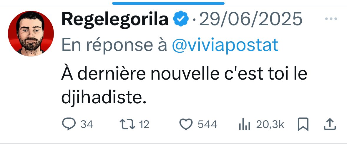viviapostat's tweet image. Il m’a traité de djihadiste car je critique l’islam.
15 jours après, @regelegorila est menacé par des musulmans pour avoir blagué sur l’islam 😅