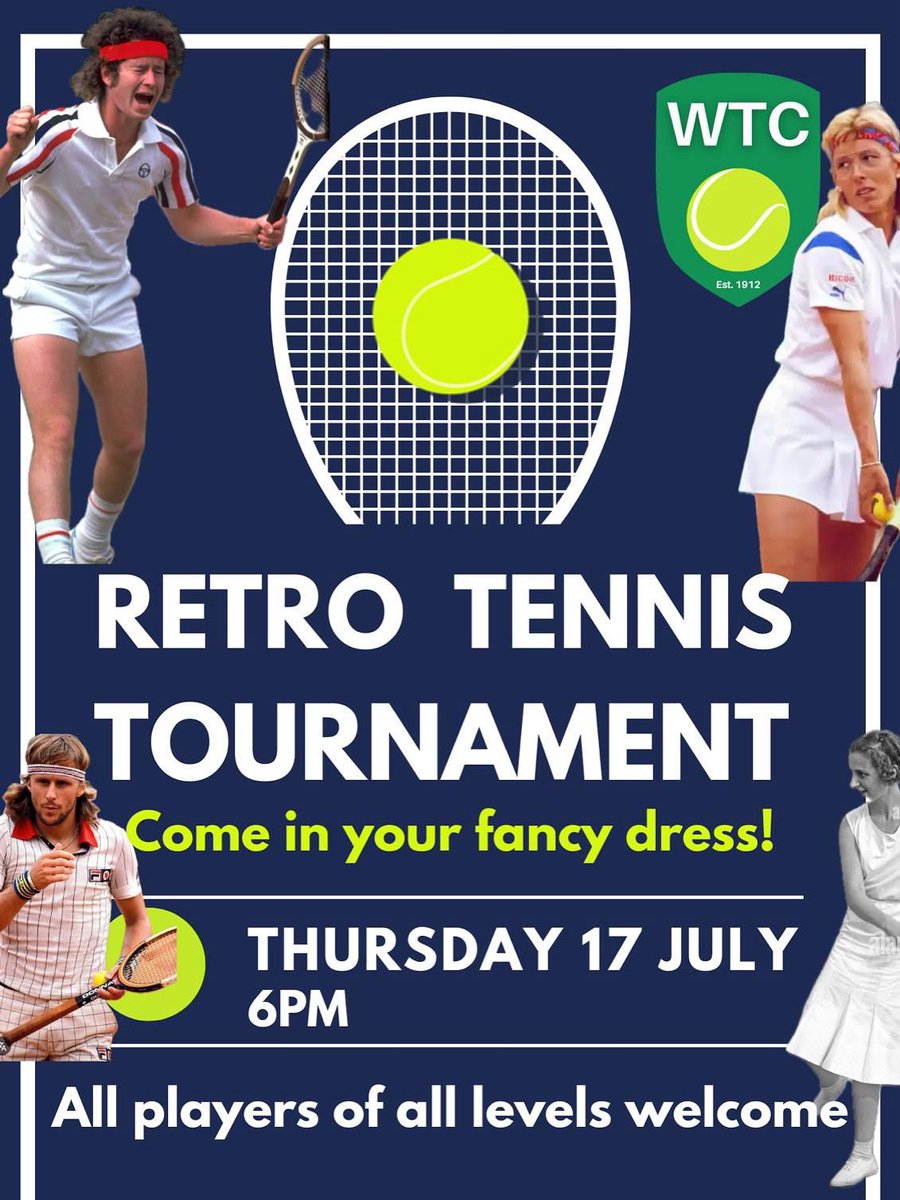 Get ready to turn back time! 🕺🎾

Join us for a WTC Retro Tennis Tournament this Thursday 17 July at 6PM! Fancy dress encouraged – channel your inner McEnroe or Navratilova 👟💥

All levels welcome, just bring your best retro vibes!