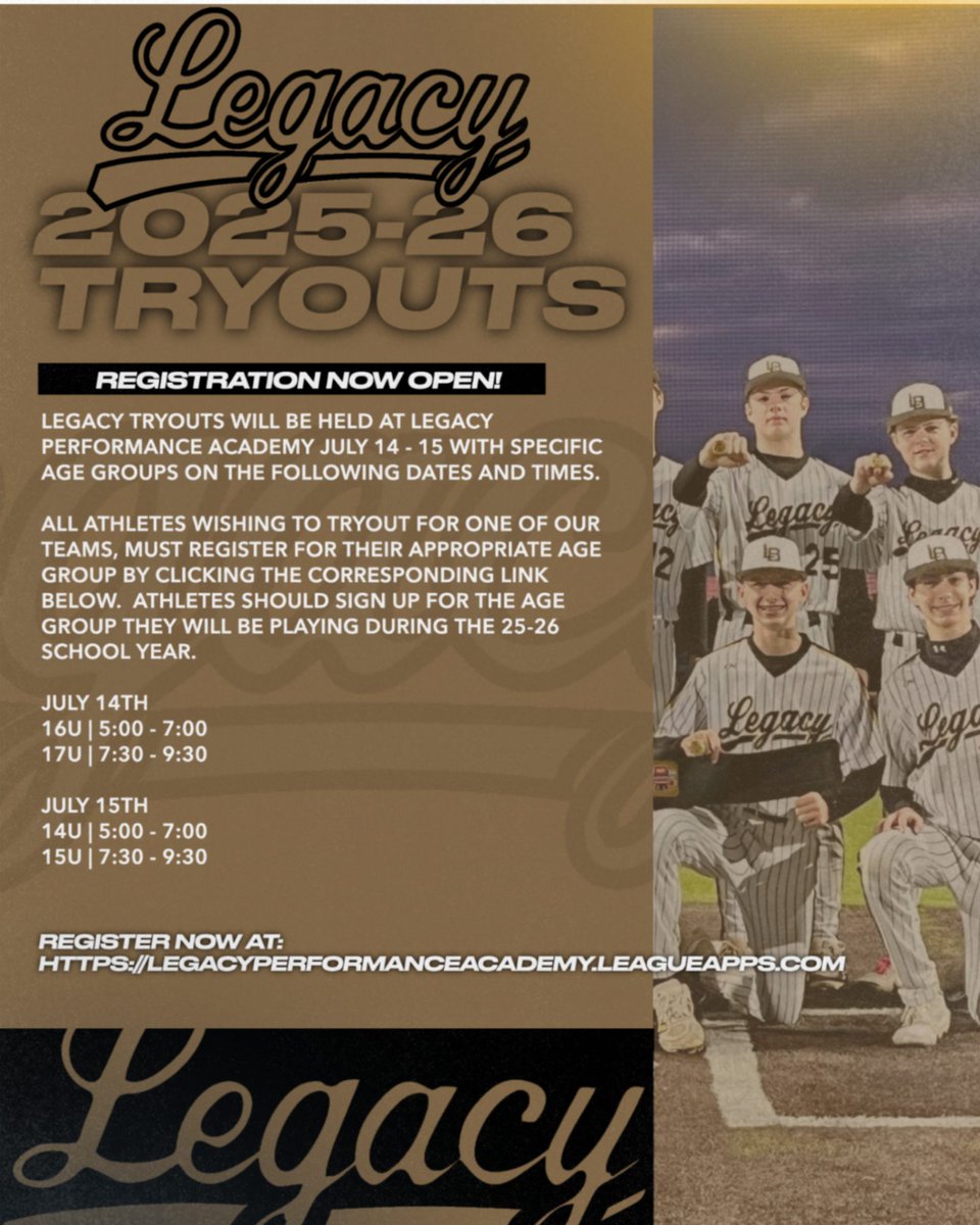 stllpa's tweet image. Tryouts this week:

July 14th
16U | 5:00-7:00
17U | 7:30-9:30

July 15th
14U | 5:00-7:00
15U | 7:30-9:30

…gacyperformanceacademy.leagueapps.com/events