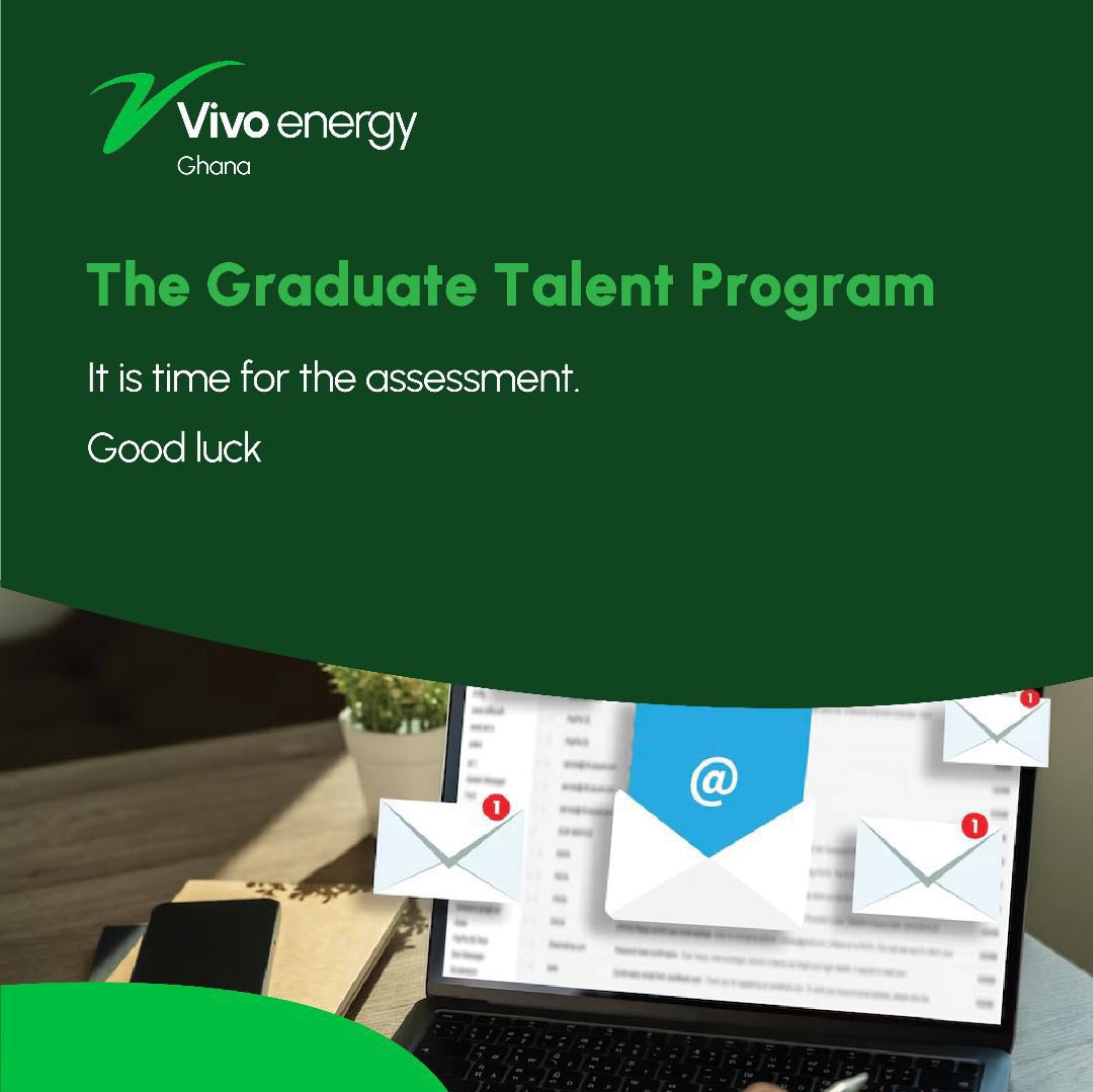 VivoEnergyGhana's tweet photo. Our Graduate Talent Program is in full swing, and we have sent out assessment links via email and SMS to our shortlisted candidates.

This is your moment to shine, show us the passion, potential, and purpose that set you apart. 

✅Check your inbox.
✅Take your time. https://t.co/lffBHK4tYZ
