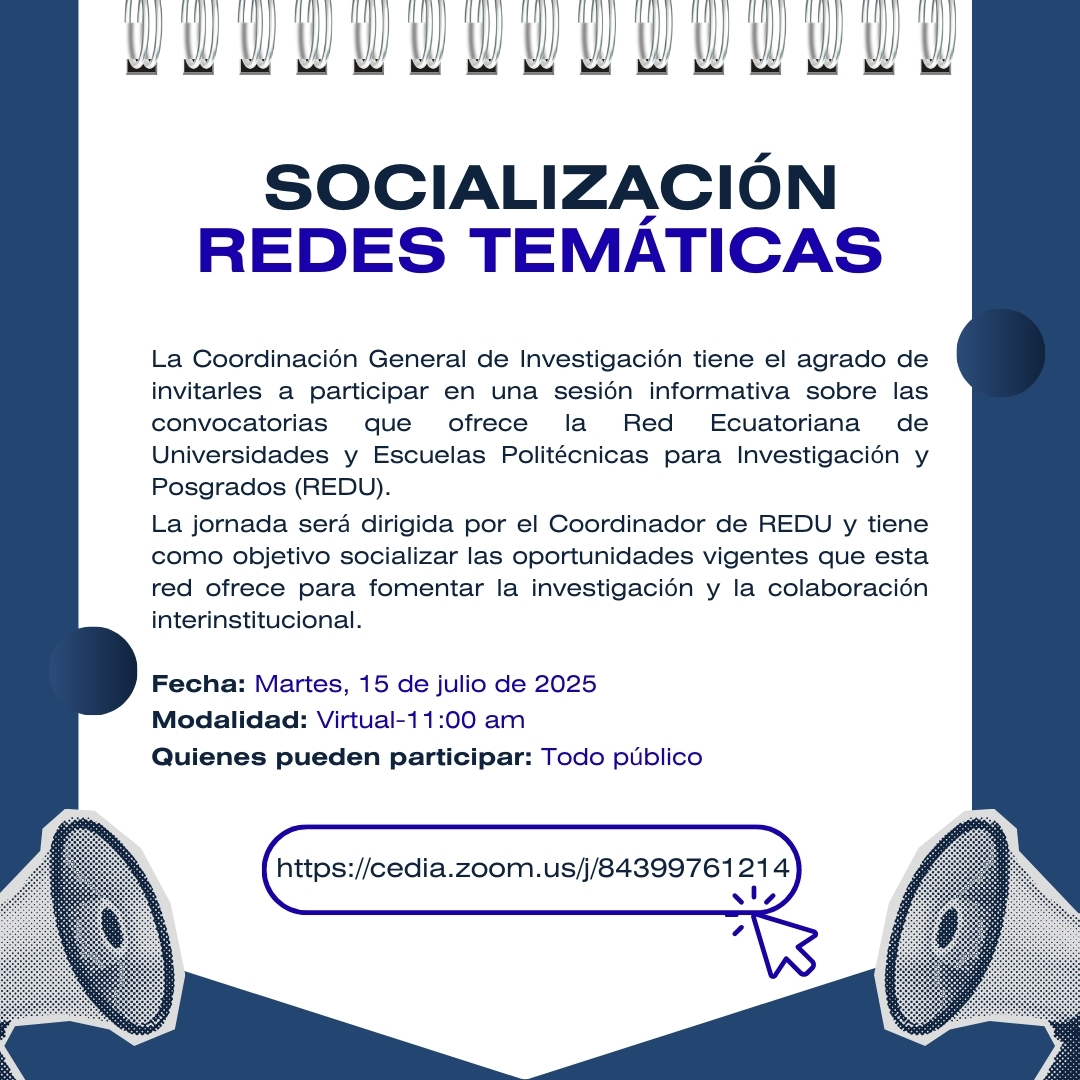 CGI_ESPAMMFL's tweet photo. 📢 Te invitamos a la Socialización de Redes Temáticas
Fecha: Martes, 15 de julio de 2025
Hora: 11:00 am
Modalidad: Virtual
Únete a través de Zoom👇
https://t.co/G4yPQPqHJZ
#REDU https://t.co/HB5FHWjNos