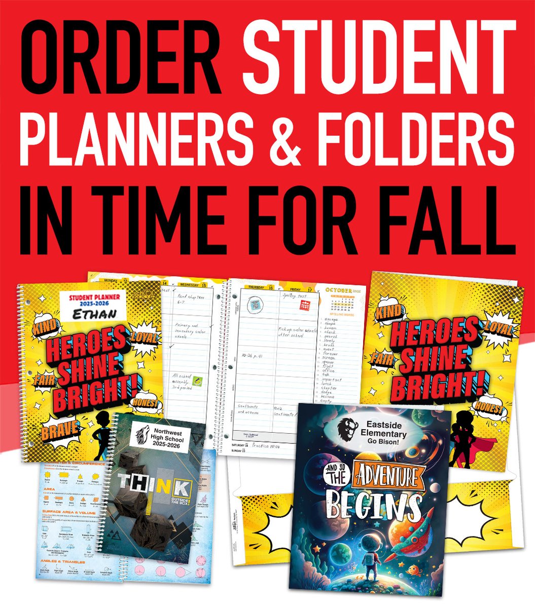You can count on School Mate for the start of the school year. Our student planners and folders keep students on track and make for seamless communication from school to home.

Get yours in time for fall. Non-custom Planner and Folder production is just 2 weeks and Custom