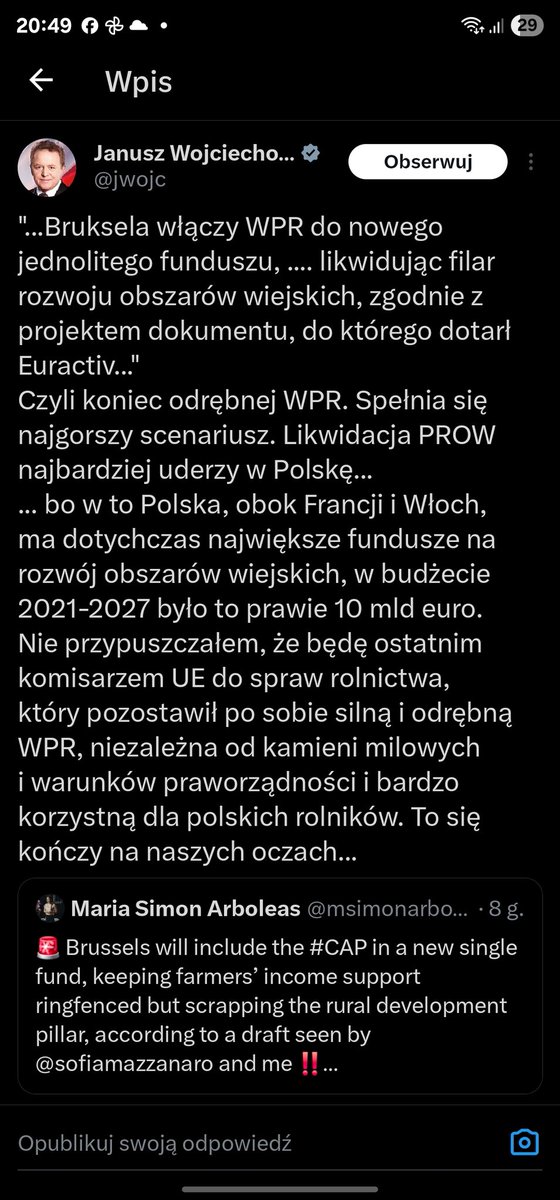 PRolnikow's tweet image. Słuchajcie, co nam szykują! To cios w serce polskiej wsi i CAŁEGO sektora około rolnego! 
WPR ma być włączona w jeden fundusz – to koniec filaru rozwoju obszarów wiejskich! Tracimy miliardy euro, które miały iść na naszą wieś.
Jako rolnicy, nie jesteśmy na to gotowi!