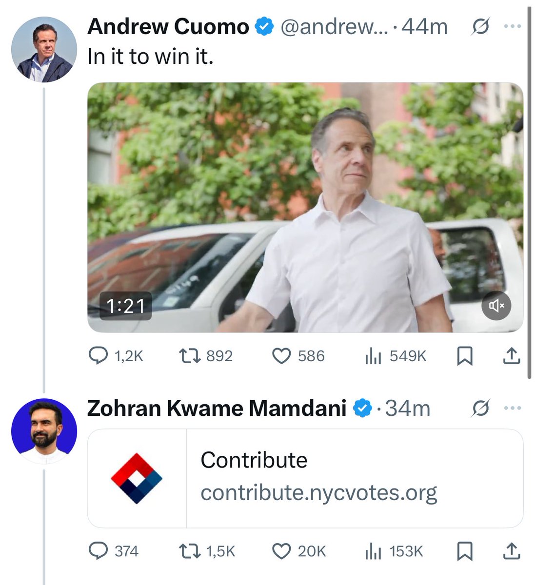 Куомо объявил, что продолжит кампанию в мэры Нью-Йорка как третий кандидат. В реплаях Мамдани собрал 40х лайков призывом жертвовать его штабу